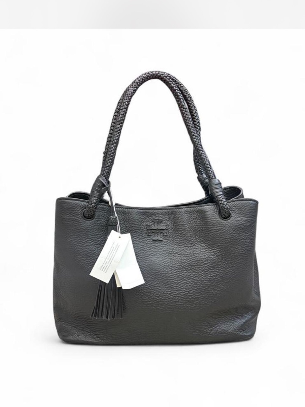 NWT Black Tory Burch Leather Tote Handbag with Braided Handles - Picture 3 of 9